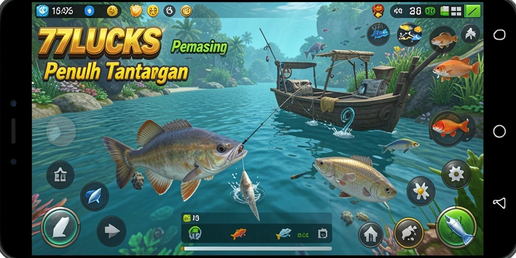 Tampilan gameplay menakjubkan di 77LUCKS saat menangkap ikan.