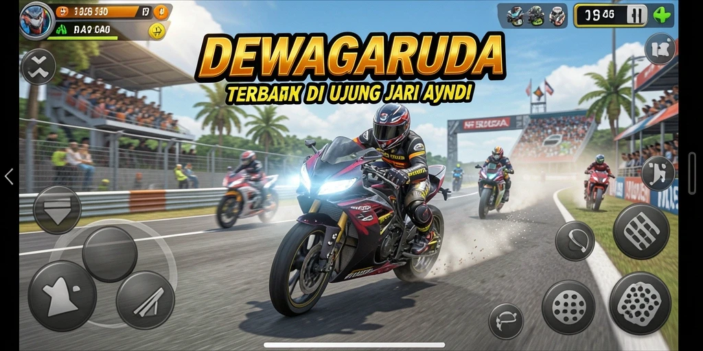 Gameplay DEWAGARUDA dengan balapan motor yang mendebarkan.