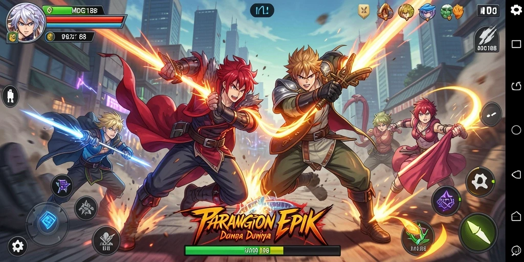 Tampilan gameplay dinamis dan karakter anime yang menarik.
