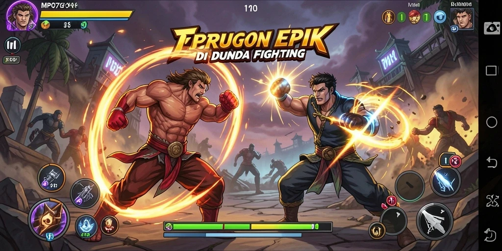 Screenshot menampilkan karakter bertarung dalam arena dengan latar belakang yang mendebarkan.