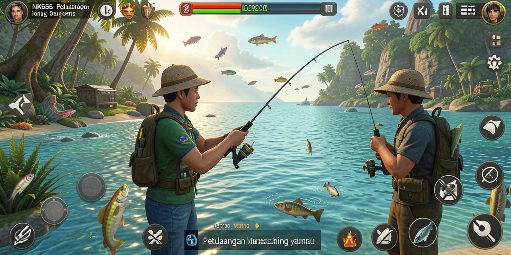 Screenshot gameplay NK666 menampilkan aksi memancing yang seru dan indah.