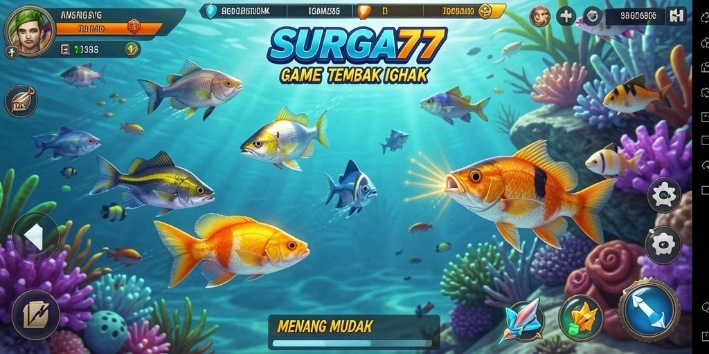 Screenshot gameplay SURGA77 menunjukkan aksi menembak ikan yang seru.